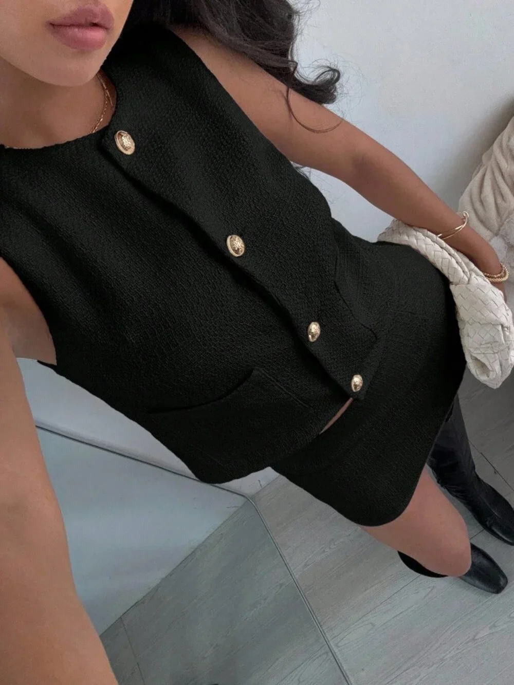 Black Elegant Women's Chic Tweed Sleeveless Two-Piece Set